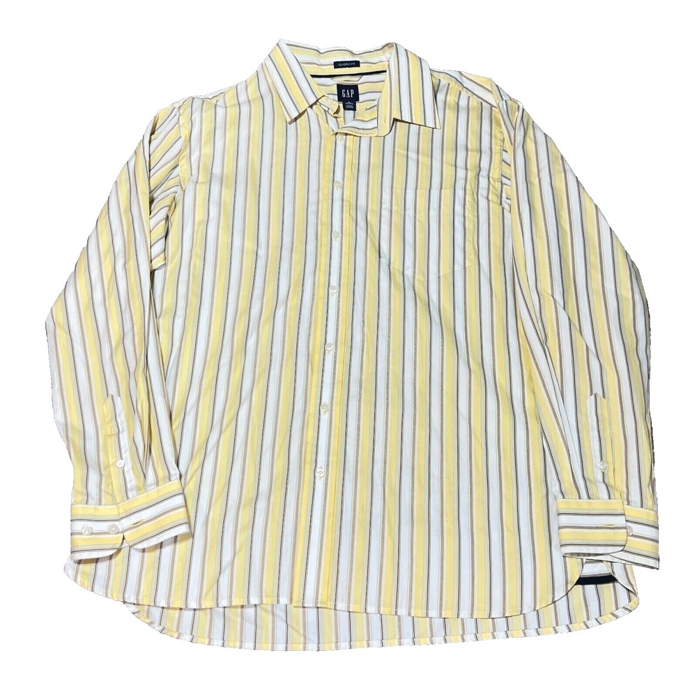 Gap Dress Shirt Mens Extra Large 17‎ 17.5 Yellow Striped Long Sleeve Spring EUC